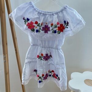 Girls White Floral Embroidered Cotton Peasant  off the shoulder Dress Size 2